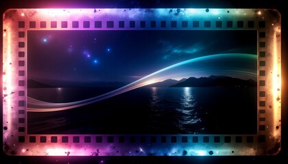 Obraz premium A vibrant, glowing film strip frame with a colorful gradient surrounding a dark, serene landscape with a reflective body of water and a luminous wavy light trail.