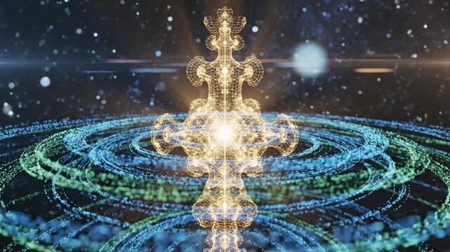 Abstract Golden Spiritual Artifact with Blue Particle Rings in Space, Sci-Fi Mystical Energy Background, Futuristic 3D Animation, Divine Cosmic Symbol with Glowing Stars and Bokeh