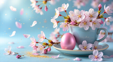 Pink Easter Egg in Blue Teacup with Delicate Cherry Blossoms, Falling Pink Petals and Golden Pollen Dust on Reflective Pastel Blue Saucer, Spring Holiday Still Life. AI generative.