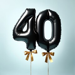 Obraz premium Black number 40 balloons with gold bows float against light blue background. Celebrate special age milestone event like birthday anniversary party.