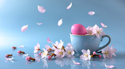 Pink Easter Egg in Blue Teacup Surrounded by Delicate Cherry Blossoms and Falling Pink Petals on Reflective Pastel Blue Background, Spring Holiday Still Life. AI generative.