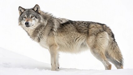 Obraz premium A portrait of a wild Siberian husky dog and gray timber wolf standing as majestic predators in the white winter snow with thick fur and a powerful canine face