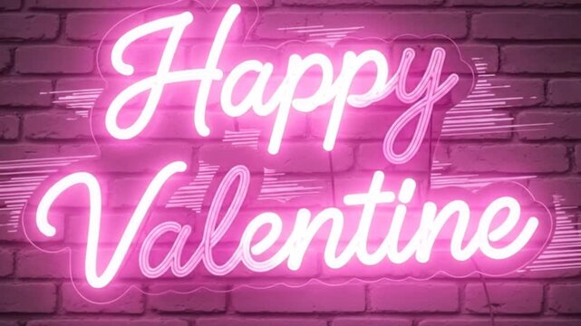 Bright pink neon sign displaying 'Happy Valentine' against a textured brick wall.