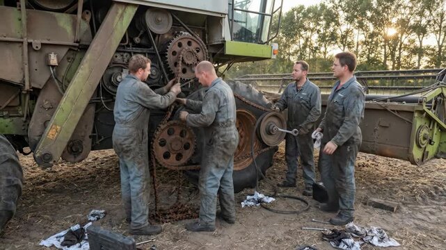 Group of four male mechanics in gray coveralls repair agricultural machinery, working together on the engine components in a field during sunset