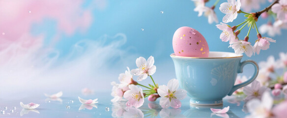 Pink Easter Egg with Gold Specks in Blue Teacup Surrounded by Delicate Cherry Blossoms, Falling Petals, Dew Drops and Sparkles on Reflective Pastel Blue-Pink Cloudy Background. AI generative.
