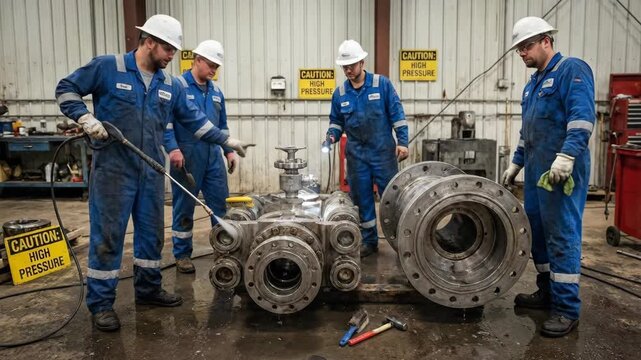 Group of male technicians in blue coveralls cleaning large industrial valves with high-pressure water in a workshop, caution signs visible on the walls