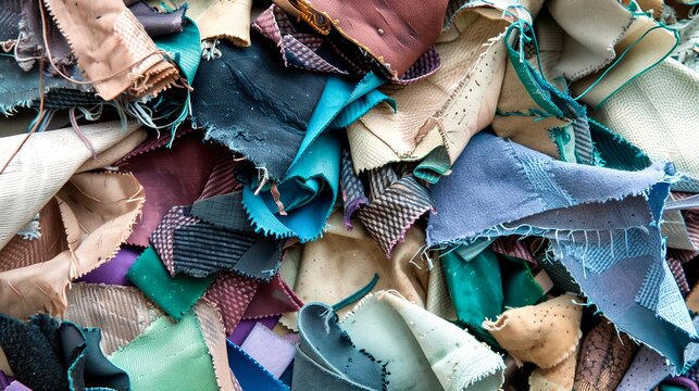Stack of leftover textile offcuts in various fabrics and colors, symbolizing sustainable fashion and creative upcycling of materials.
