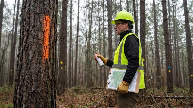Male forestry worker in yellow safety vest and hard hat marks tree trunk with orange spray paint while holding a map in a dense forest environment
