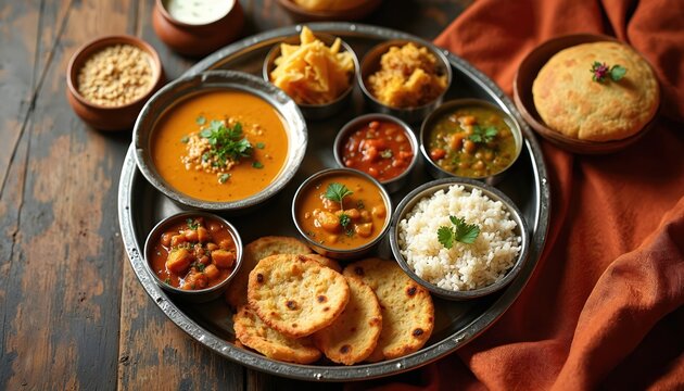 Indian thali meal with dal baati churma, rice, curries, and flatbread served on metal platter. Delicious vegetarian assortment arranged on rustic wooden table.