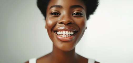 Portrait of a joyful woman with bright white teeth, symbolizing confidence, beauty, and good dental health in natural light.