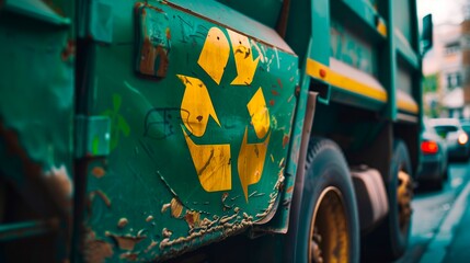 Close-up of a weathered recycling truck with a yellow recycle symbol, showing signs of rust and urban wear on a city street.