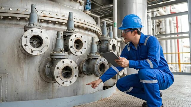 Asian male technician in blue coveralls inspects industrial machinery with tablet, focusing on valves and connections in a factory setting