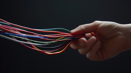 Hand grasping multicolored cables, standing for the human ability to manage and connect the complex digital and technological world.