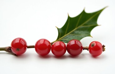 Five red berries are arranged in a row on a brown branch. A green holly leaf rests behind the berries on a white background. This close up shot shows the natural beauty of the plant.