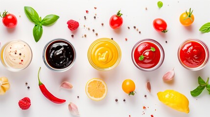 Five vibrant sauces surrounded by fresh tomatoes, lemon slices, parsley, and scattered spices on a white background, ideal for cooking visuals and recipes.