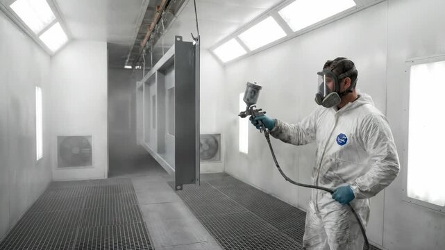 Male technician in white protective suit sprays paint on metal object in industrial spray booth, showcasing the continuous application process in a controlled environment