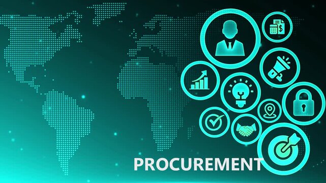 Global procurement and supply chain management concept with digital icons and world map in futuristic neon glow