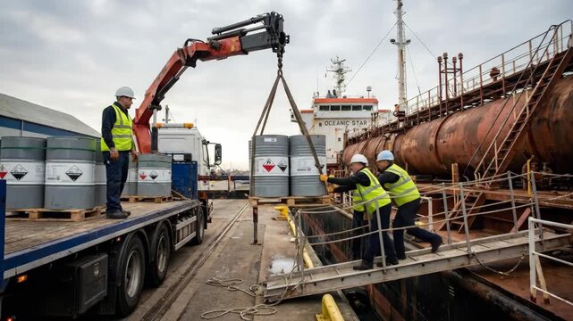 Workers in safety vests and helmets load metal barrels onto a truck using a crane at a shipping dock with a cargo ship and industrial setting in the background