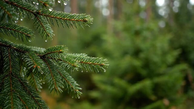 A close-up view of a fir tree branch with artificial intelligence analyzed forest textures in the foreground and blurred evergreen trees in the background