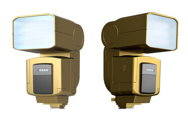 Set of professional camera flashes in silver, gold, and black isolated on white background, concept of photography equipment