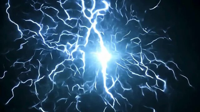 Glowing lightning bolts radiating from center in dark space for voltage shock or sci-fi power loop.