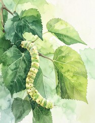 Obraz premium A vibrant watercolor painting of a green caterpillar resting on lush green leaves, showcasing the beauty of nature.