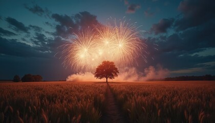 Bright fireworks burst over a lone tree silhouetted in a field of wheat at dusk. Smoky trails linger in the twilight sky above the golden landscape, creating a festive, natural scene.