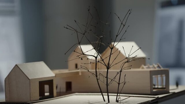 Architectural scale model of minimalist gabled houses with a delicate leafless tree in the foreground, shown under studio lighting for a design presentation.