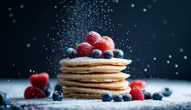 Stack of fluffy pancakes topped with fresh mixed berries, strawberries blueberries raspberries blackberries, powdered sugar falling and exploding in 
mid-air motion
