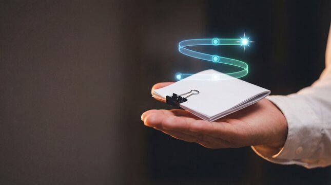 Reimbursement refund workflow background with hand holding binder clip documents, hologram route checkpoints, approval tracking, accounting report, secure payout concept