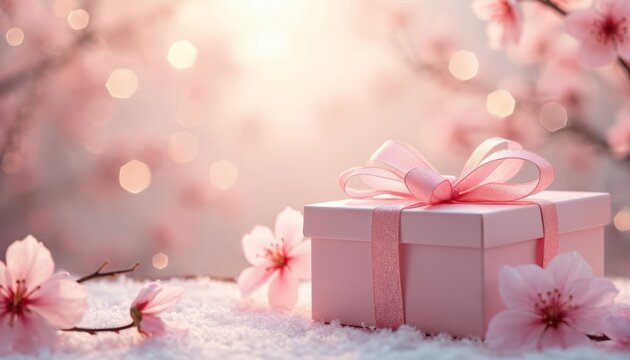 Pink gift box tied with ribbon sits among delicate pink blossoms and soft bokeh lights. A tender spring scene evoking celebration and beauty, perfect for romantic occasions or feminine themes.