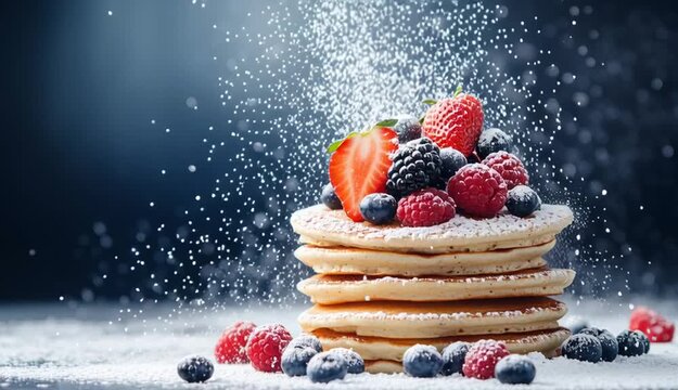 Stack of fluffy pancakes topped with fresh mixed berries, strawberries blueberries raspberries blackberries, powdered sugar falling and exploding in 
mid-air motion
