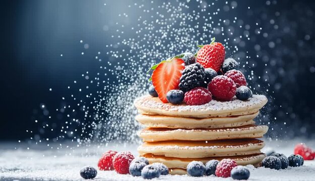 Stack of fluffy pancakes topped with fresh mixed berries, strawberries blueberries raspberries blackberries, powdered sugar falling and exploding in 
mid-air motion
