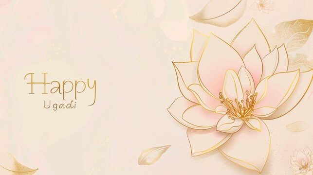 A delicate pink lotus flower with gold accents on a soft pastel background. The text 'Happy Ugadi' is elegantly displayed, celebrating the festival.