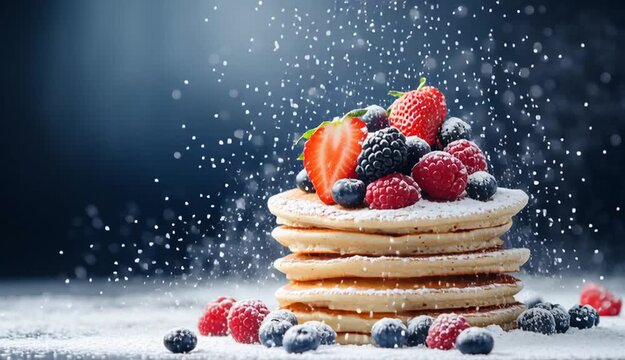 Stack of fluffy pancakes topped with fresh mixed berries, strawberries blueberries raspberries blackberries, powdered sugar falling and exploding in 
mid-air motion
