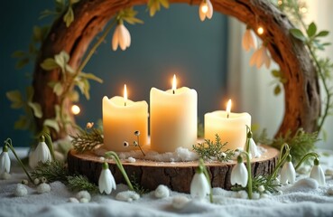 Three white candles burn on a wooden slice, surrounded by snowdrops, pine branches, and faux snow. A natural wreath with green leaves and fairy lights frames the scene.