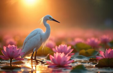 Obraz premium White egret bird stands amidst pink lotus flowers on calm water during golden hour sunset. Crane hunts for fish, egret in pond at dawn. Nature scene.