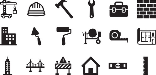 Construction and architecture line icon set with clean outlines for building, engineering, UI, and web design.