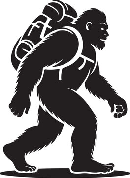 Bigfoot hiker with backpack walking, minimalist black silhouette on gray background