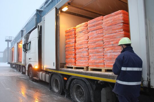 Refrigerated truck loading salmon products in snowy outdoor setting