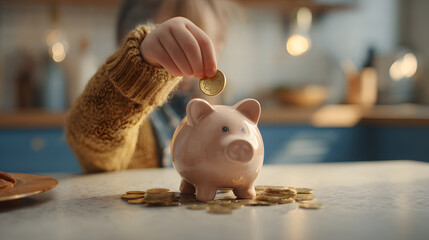 Young Boy Learning to Save Money with a Piggy Bank