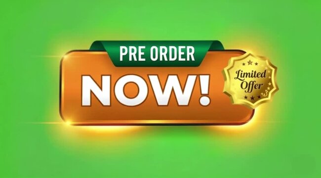 Pre Order Now Button Animation On green screen background.