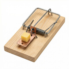 Classic wooden mousetrap baited with a cheese cube. The spring-loaded pest control device is set and ready, isolated on a white background.