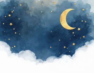 Fototapeta premium Dark blue night sky watercolor with golden stars and crescent moon. Soft white clouds float at bottom edge. Celestial dreamscape background.