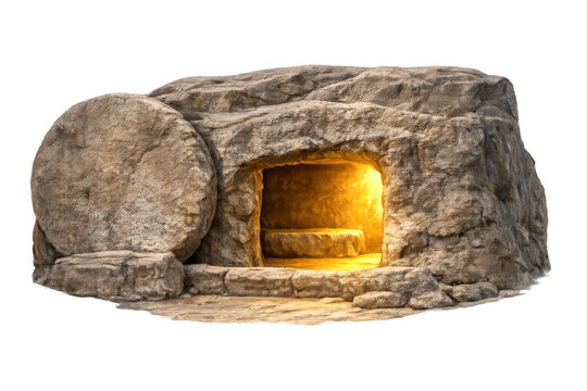 Empty tomb of jesus christ glowing with light, signifying resurrection and new life on a transparent background
