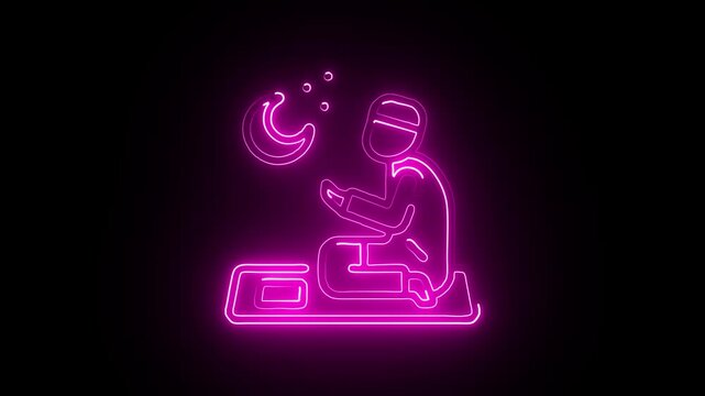 Neon glowing dua prayer hands symbol on dark background with digital screen effect for faith spirituality and technology concept