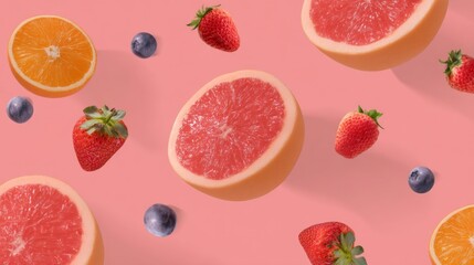 Naklejka premium Vibrant Assortment of Juicy Fruits on Soft Pink Background Including Strawberries, Grapefruit, Oranges, and Blueberries for Fresh Food Aesthetic