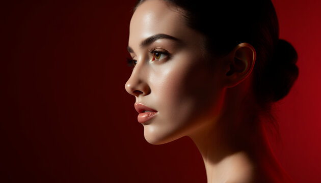 Elegant Portrait of a Woman on a Red Background in Studio Lighting