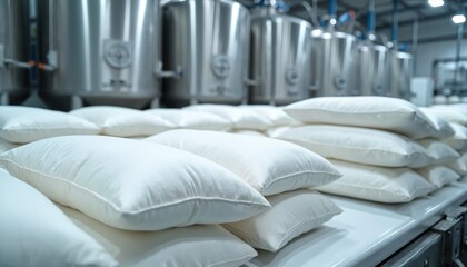Fototapeta premium Stacks of white pillows sit on conveyor belt in clean manufacturing plant. Large metal vats are visible in background suggesting production. This scene shows finished goods ready for distribution.