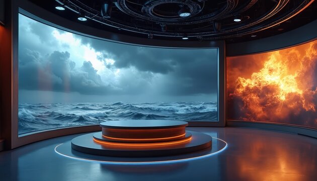 Weather news studio with large screens showing stormy sea and fiery clouds. A circular platform with orange neon lights sits center stage. This futuristic set is ready for broadcast.